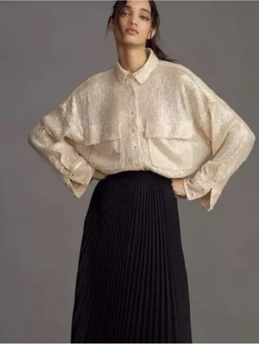 Pilcro Gold Sequin Button Front Blouse - Picture 3 of 13